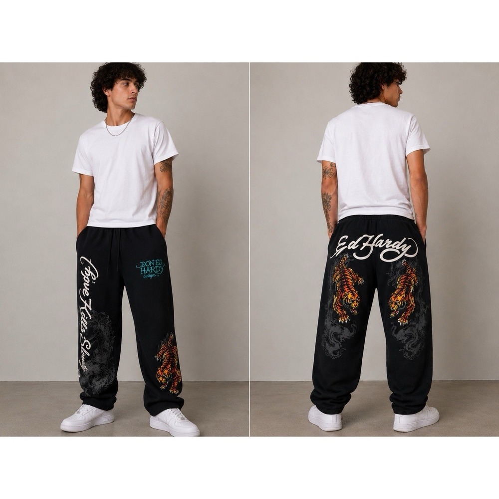 Ed Hardy Mens XL Black Sweatpants Joggers Dragon Tiger Graphic Drawstring Y2K